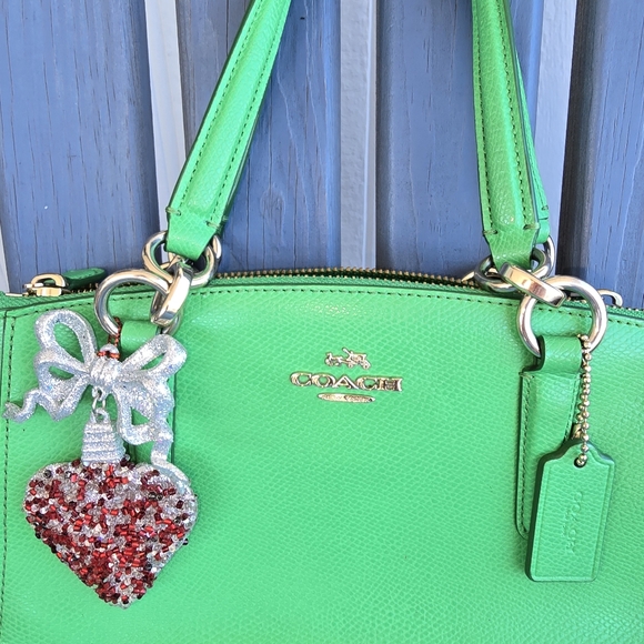 Coach Vibrant Emerald Green Satchel Christmas Rhinestone Heart. 11"x 7.25"x 4" - Picture 15 of 16